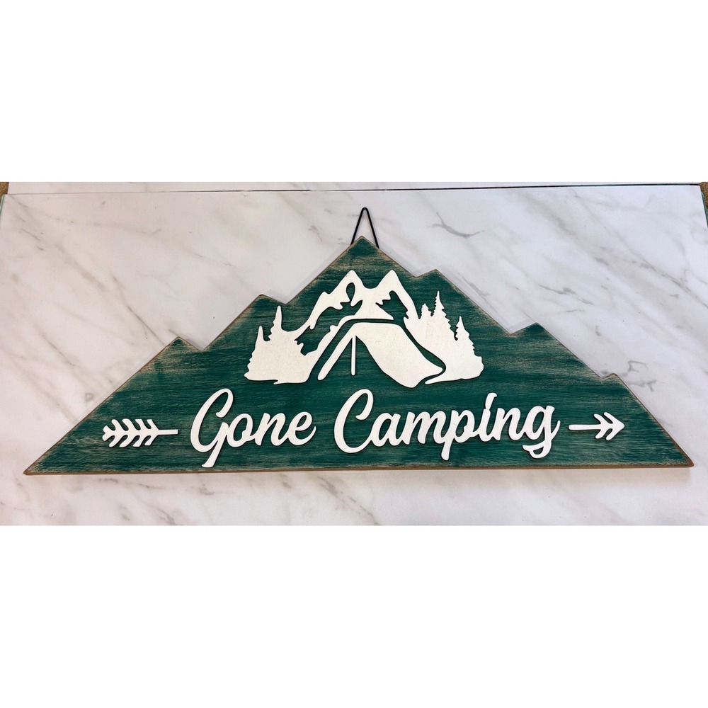 Gone Camping Sign Home Decor Green Mountain Shape Wood Plaque